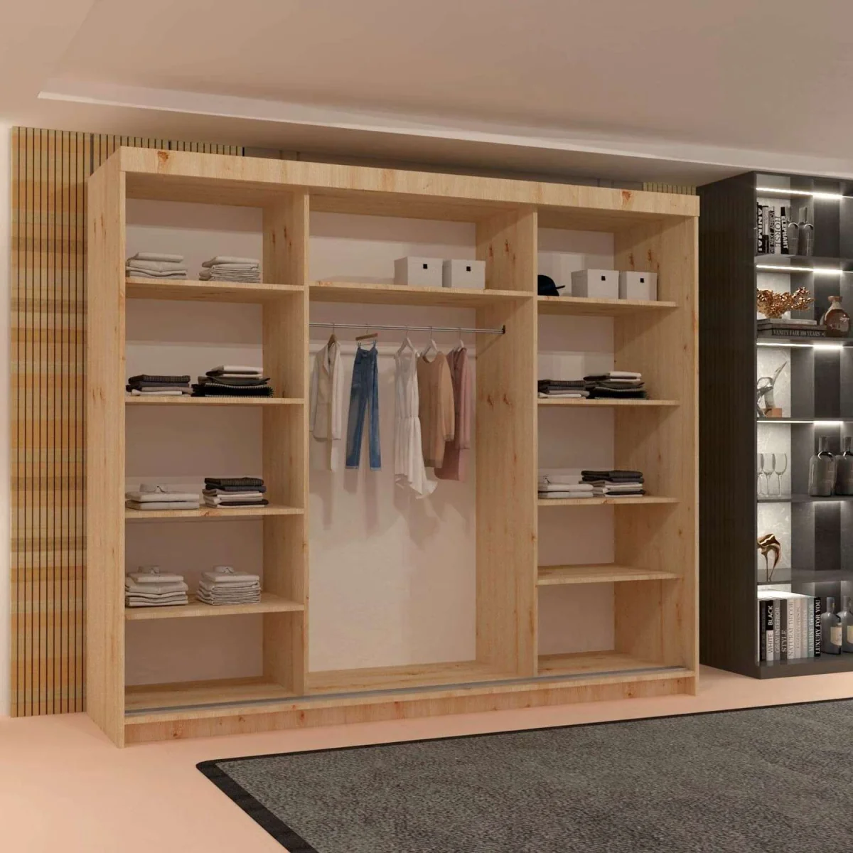 Modern 3-Door Sliding Wardrobe with Mirror & 9 Shelves - Brown – image 2