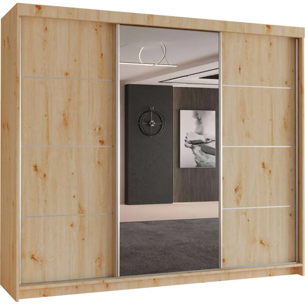 Modern 3-Door Sliding Wardrobe with Mirror & 9 Shelves - Brown – image 3