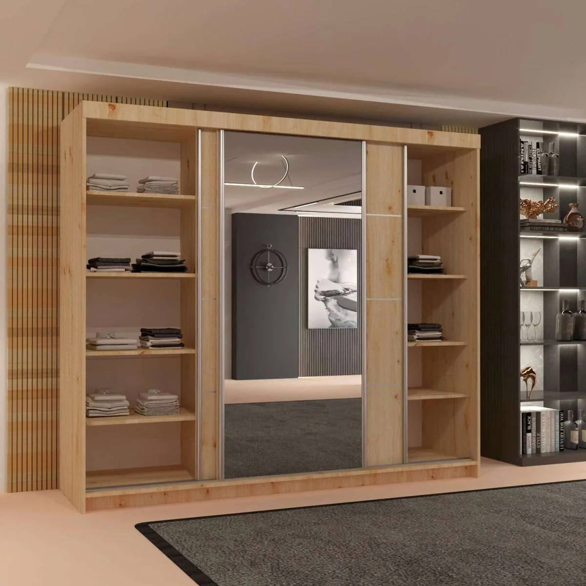 Modern 3-Door Sliding Wardrobe with Mirror & 9 Shelves - Brown – image 4