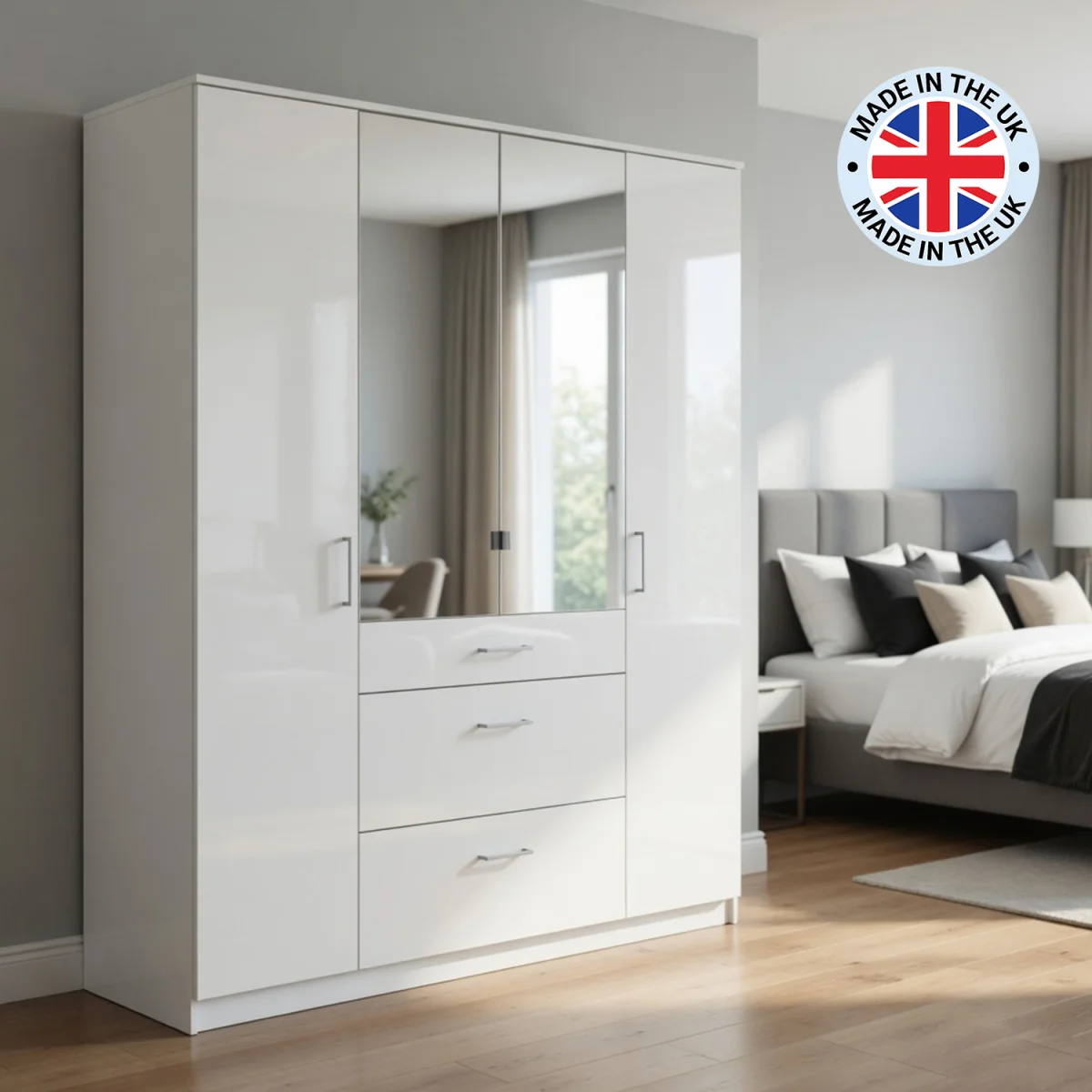 Clack White Gloss 4 Door Mirrored 180 cm Wardrobe - White – image 6