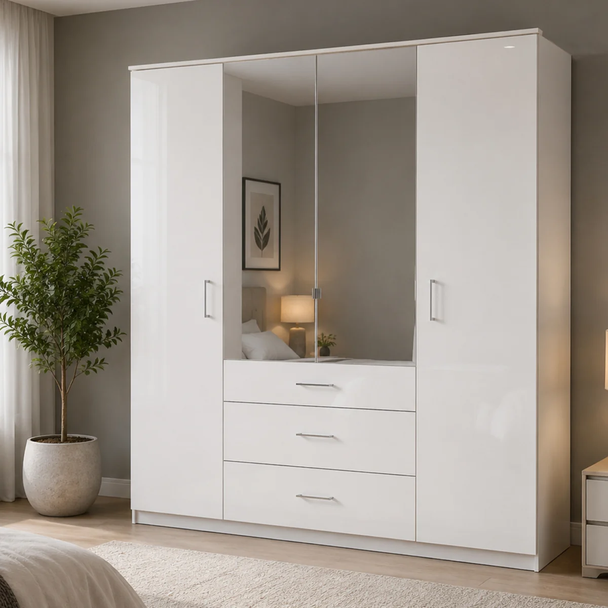 Clack White Gloss 4 Door Mirrored 180 cm Wardrobe - White – image 1