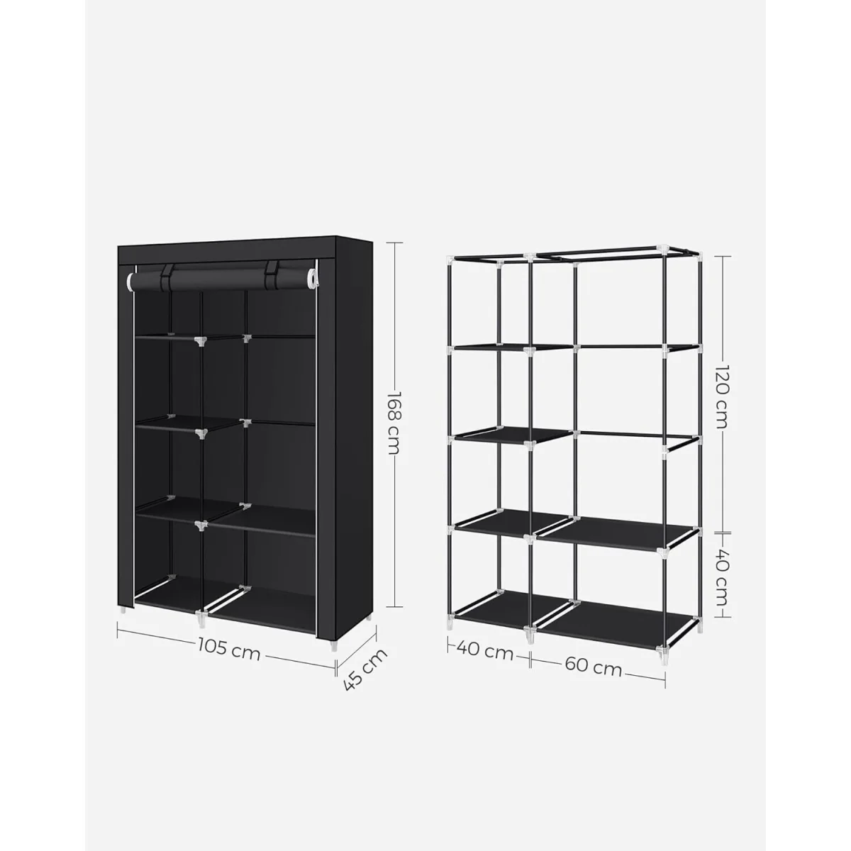 Fabric Closet with Shelves and Hanging Rail, Lightweight Storage Wardrobe with Metal Frame, Black - Black – image 3