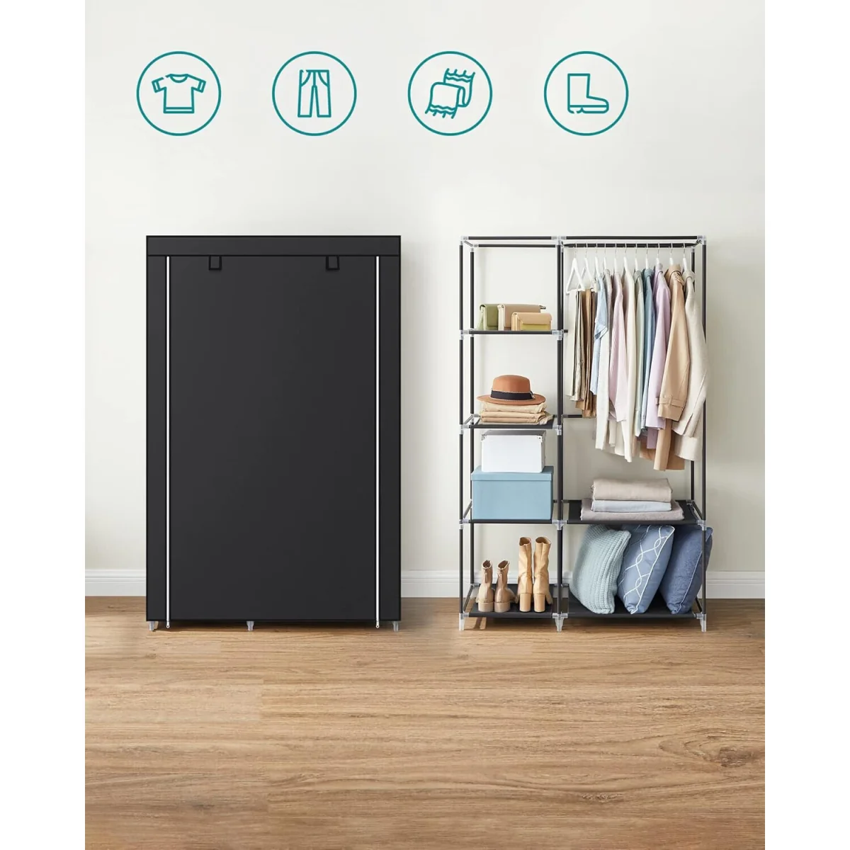 Fabric Closet with Shelves and Hanging Rail, Lightweight Storage Wardrobe with Metal Frame, Black - Black – image 5