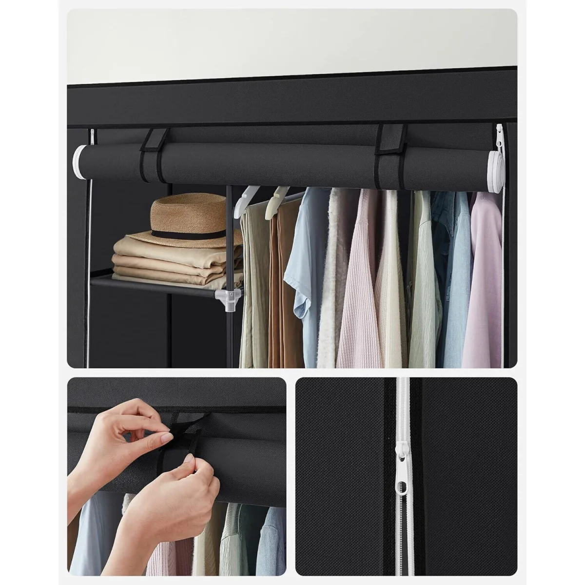 Fabric Closet with Shelves and Hanging Rail, Lightweight Storage Wardrobe with Metal Frame, Black - Black – image 8