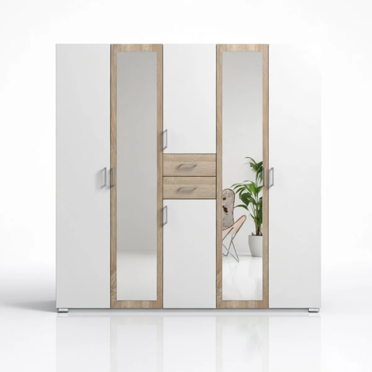Diver Matt White and Oak 5 Door 225cm Wardrobe with Mirror - White – image 2