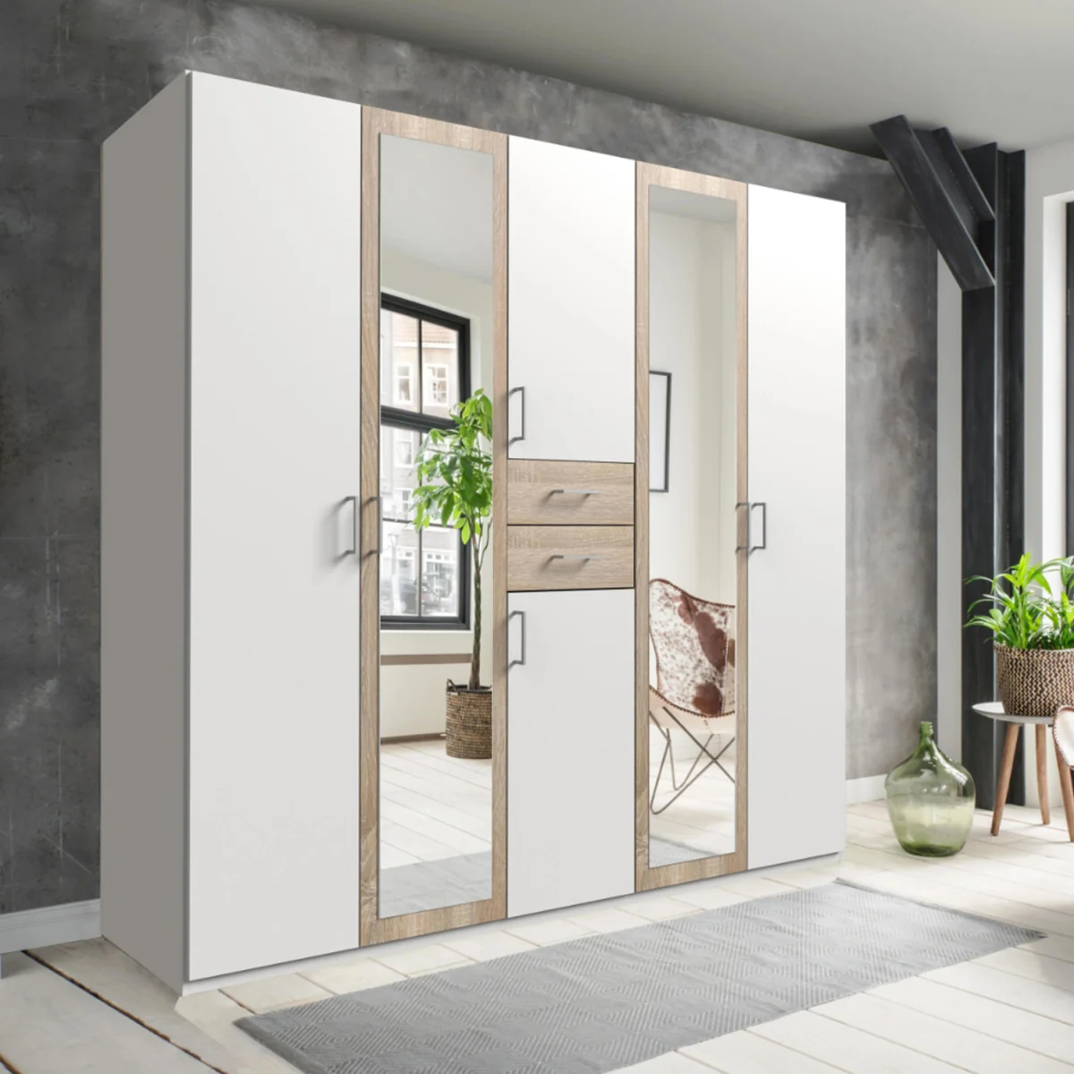Diver Matt White and Oak 5 Door 225cm Wardrobe with Mirror - White – image 3
