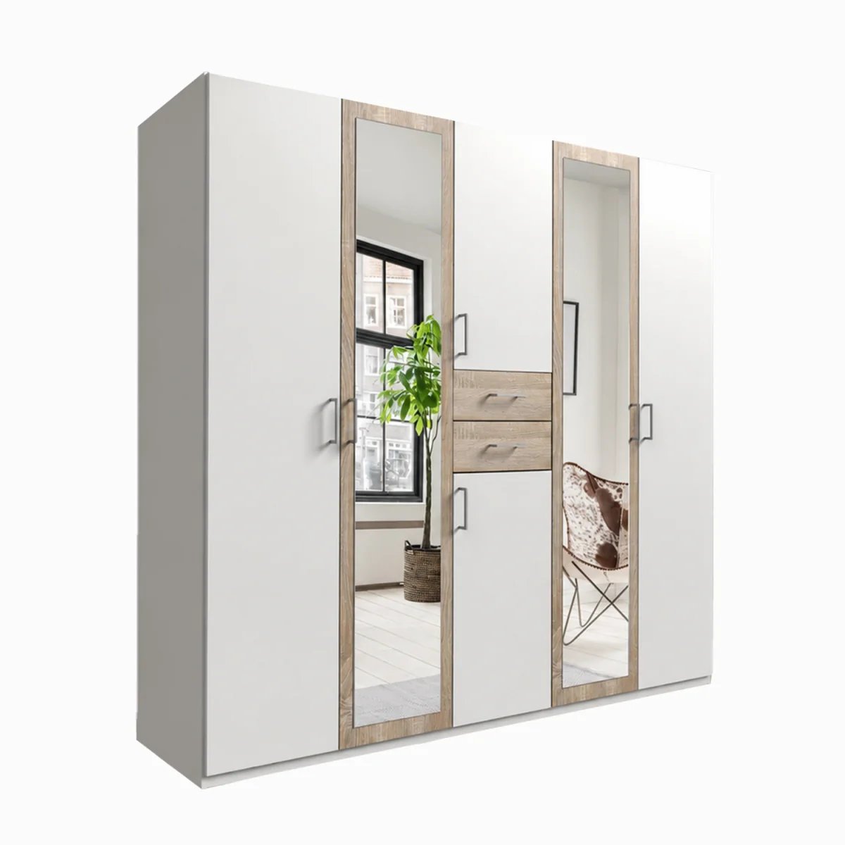 Diver Matt White and Oak 5 Door 225cm Wardrobe with Mirror - White – image 4