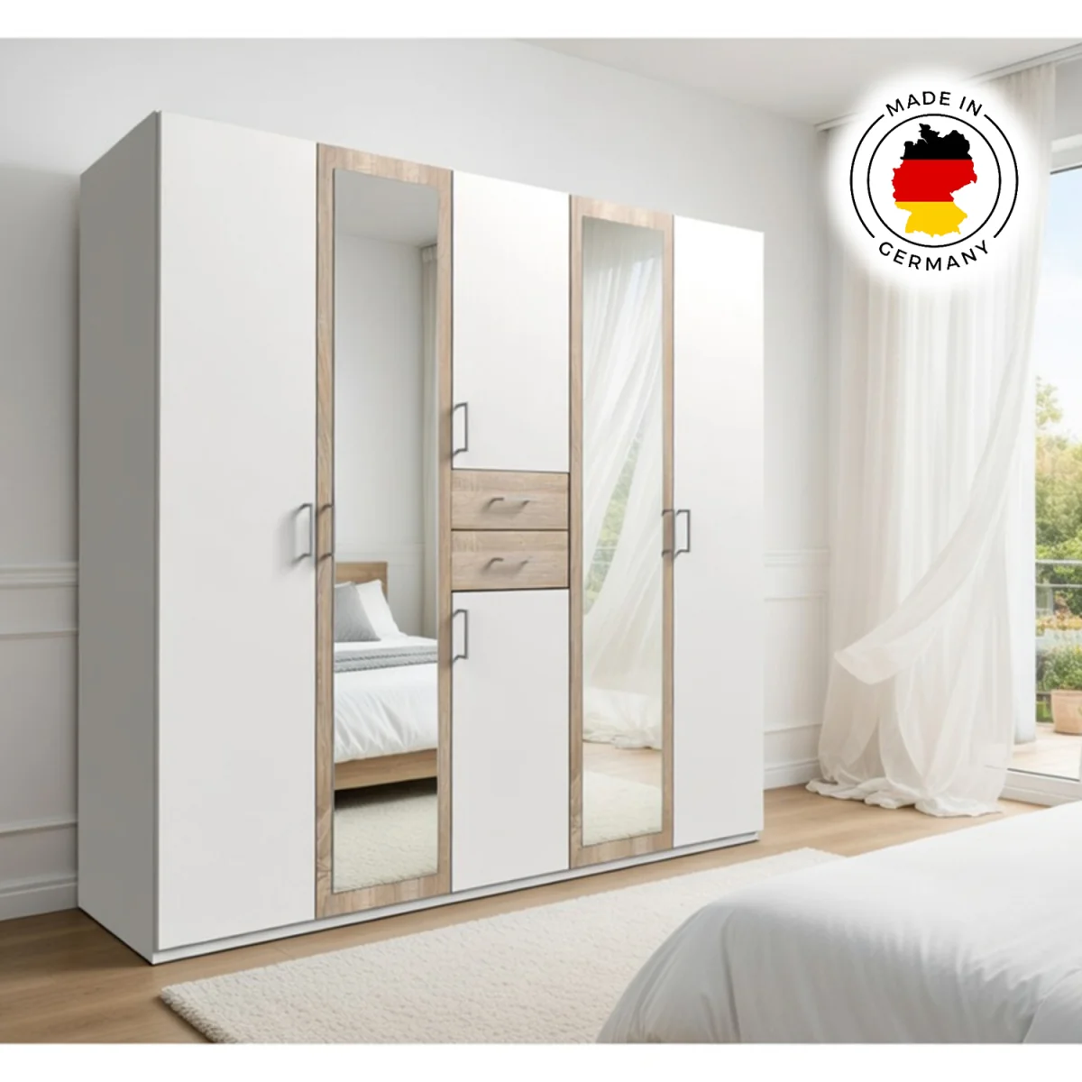 Diver Matt White and Oak 5 Door 225cm Wardrobe with Mirror - White – image 5