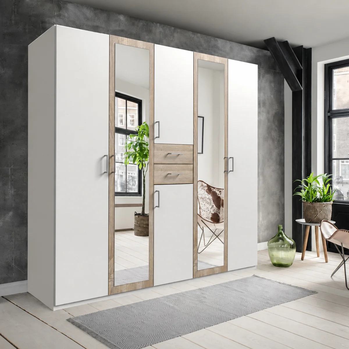 Diver Matt White and Oak 5 Door 225cm Wardrobe with Mirror - White – image 1