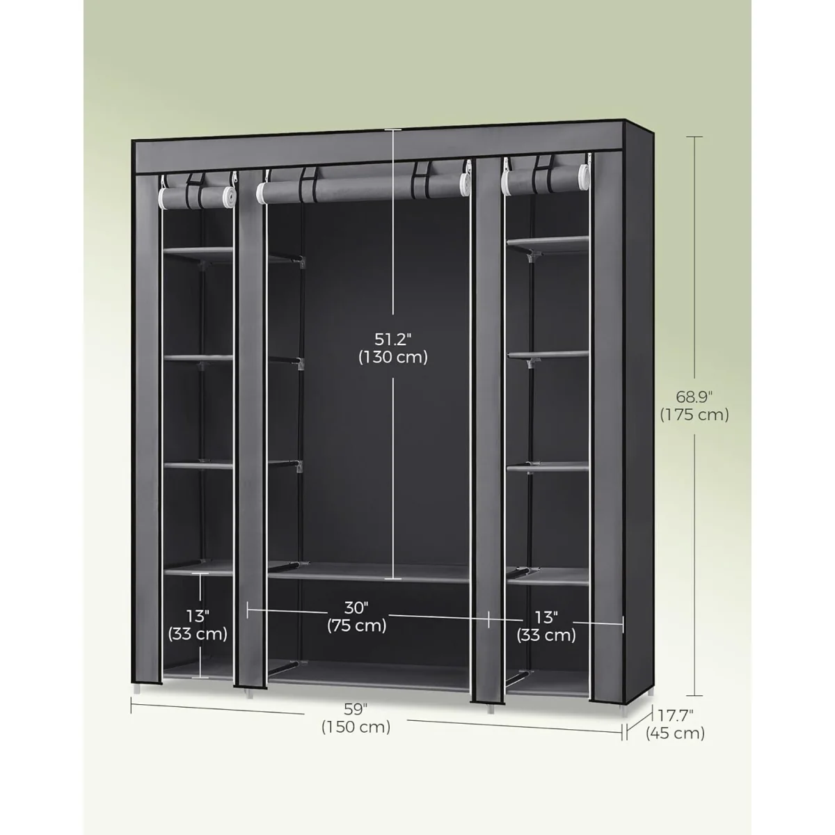 Portable Fabric Wardrobe with Hanging Rail and Storage Compartments, Metal Frame, Grey - Grey – image 2