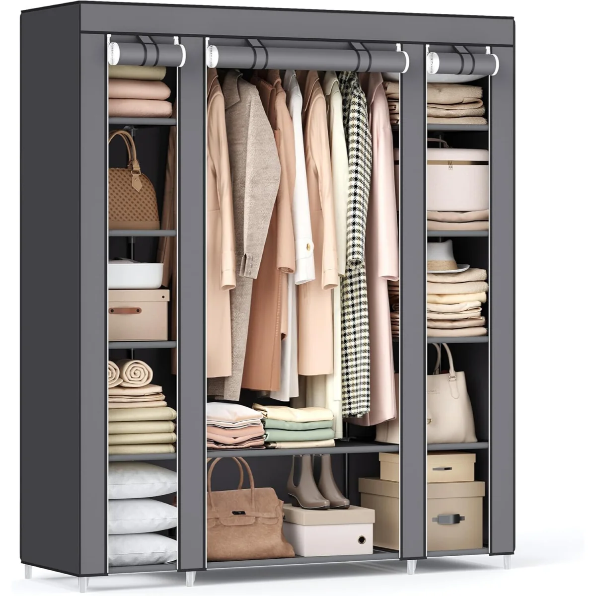 Portable Fabric Wardrobe with Hanging Rail and Storage Compartments, Metal Frame, Grey - Grey – image 3