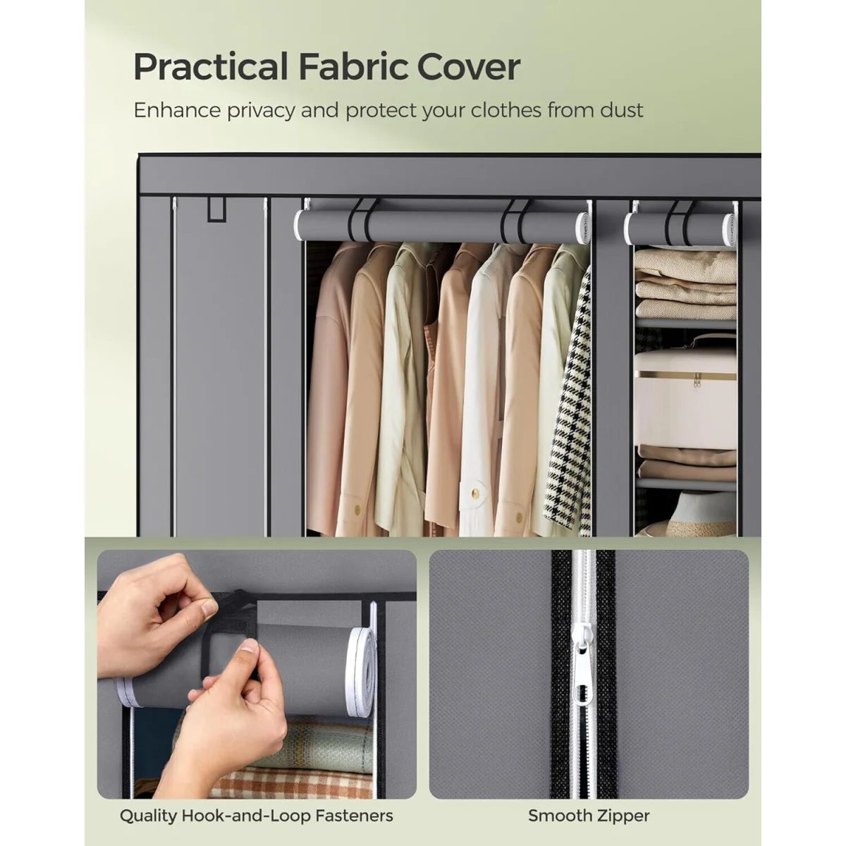 Portable Fabric Wardrobe with Hanging Rail and Storage Compartments, Metal Frame, Grey - Grey – image 4