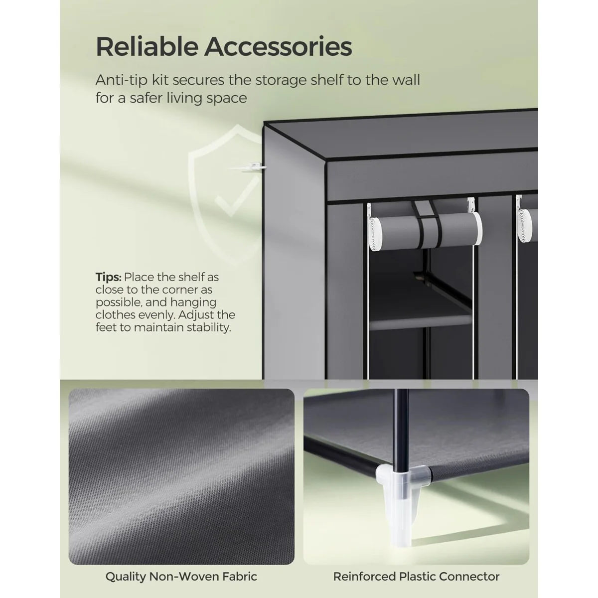 Portable Fabric Wardrobe with Hanging Rail and Storage Compartments, Metal Frame, Grey - Grey – image 5