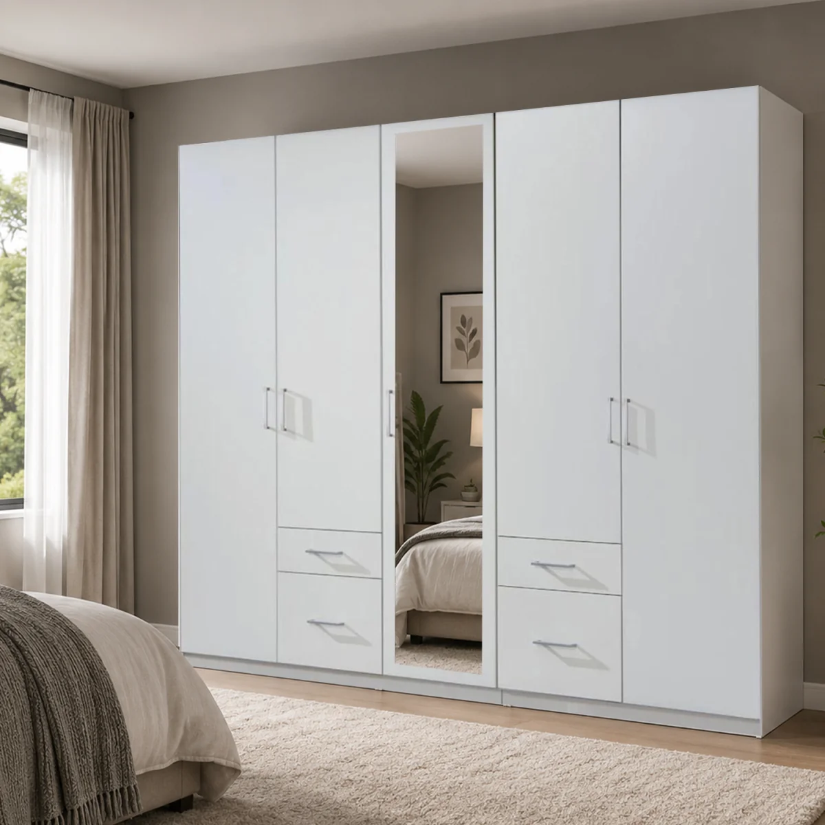 Fly White 5 Door 225cm Wardrobe with Mirror and 4 Drawers - White – image 1