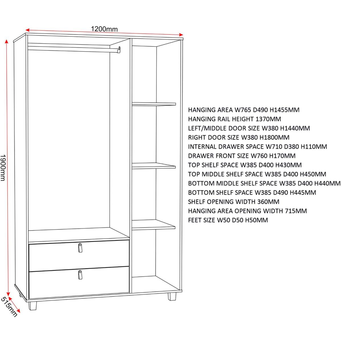 Brooklyn 3 Door 2 Drawer Wardrobe - White, Oak Effect and Grey – image 8