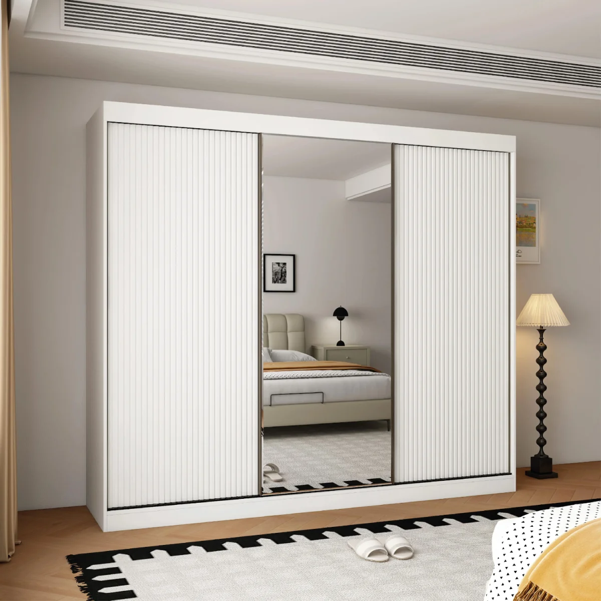 Berlin 3Door 250cm White Sliding Door Wardrobe with Shelves and Hanging Rail - White – image 3