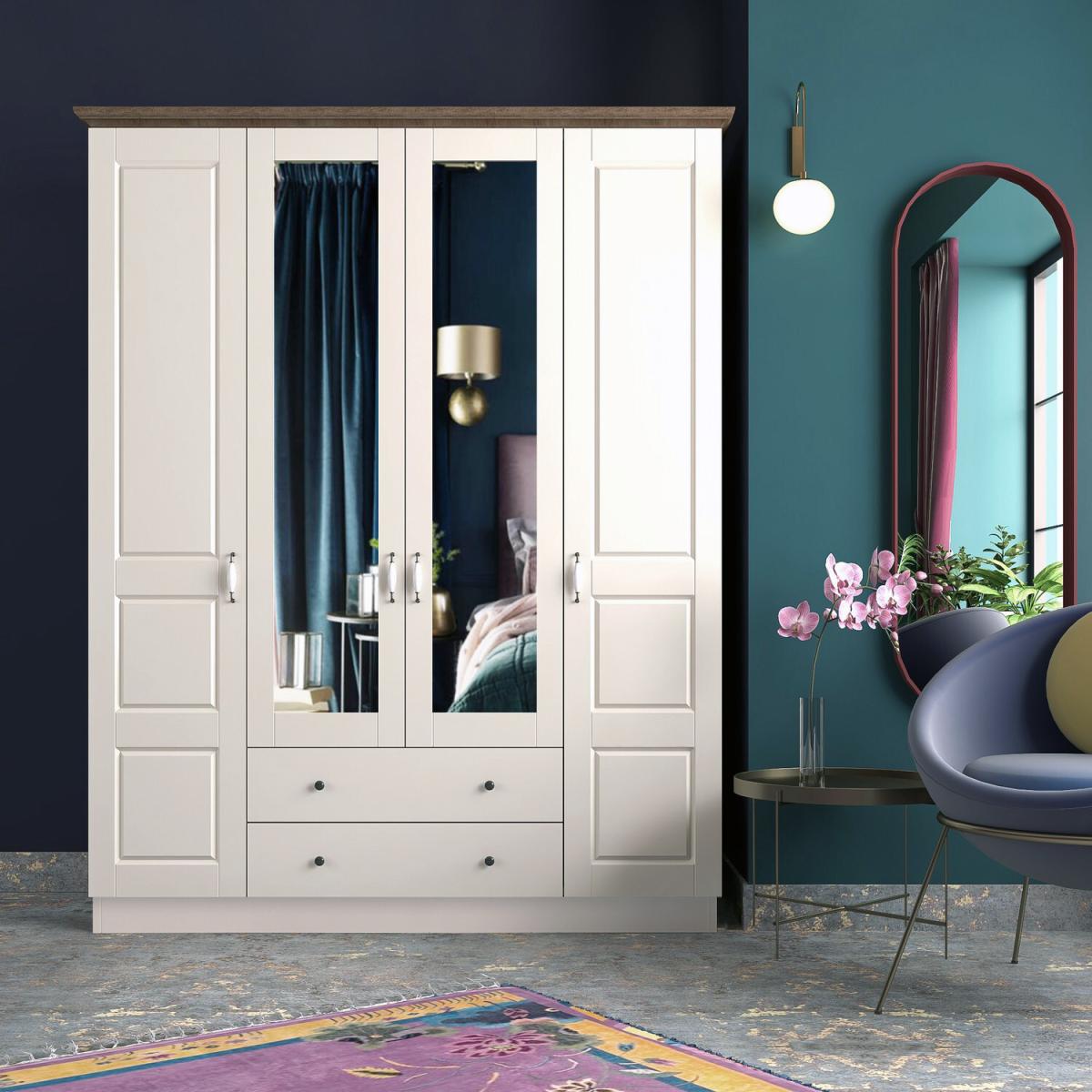 ASHTON 4 Door 2 Drawer Mirrored Wardrobe, White - White – image 2