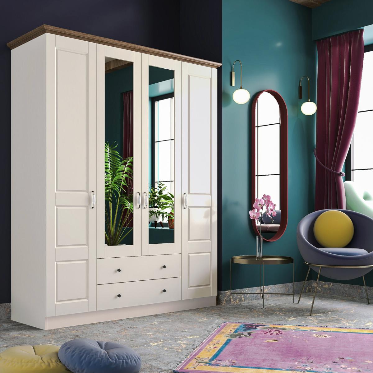 ASHTON 4 Door 2 Drawer Mirrored Wardrobe, White - White – image 3