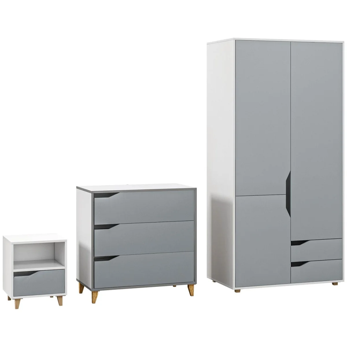Demilia Grey and White 3-Piece Bedroom Furniture Set - Wardrobe, 3-Drawer Chest, Bedside Table – image 4