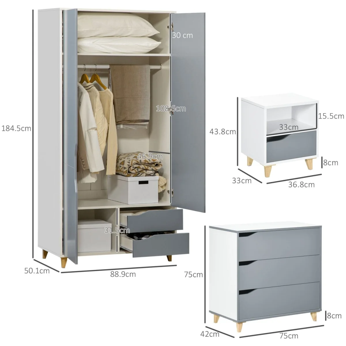 Demilia Grey and White 3-Piece Bedroom Furniture Set - Wardrobe, 3-Drawer Chest, Bedside Table – image 5