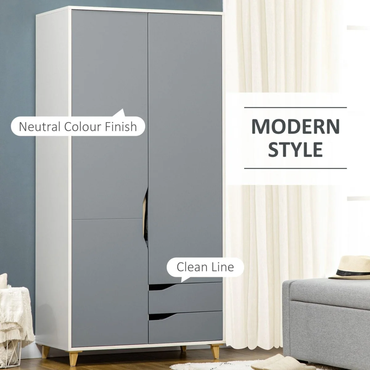 Demilia Grey and White 3-Piece Bedroom Furniture Set - Wardrobe, 3-Drawer Chest, Bedside Table – image 6