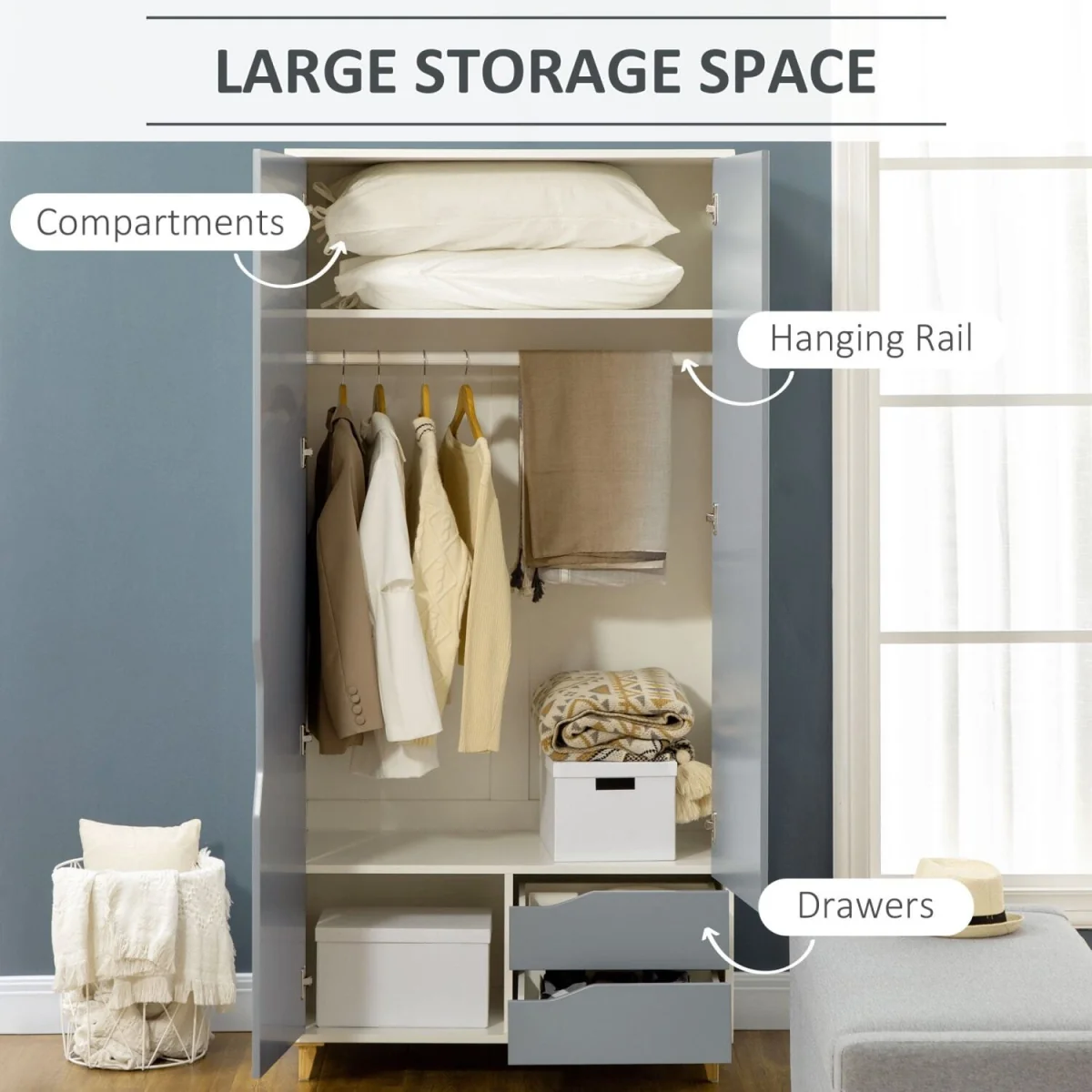 Demilia Grey and White 3-Piece Bedroom Furniture Set - Wardrobe, 3-Drawer Chest, Bedside Table – image 7