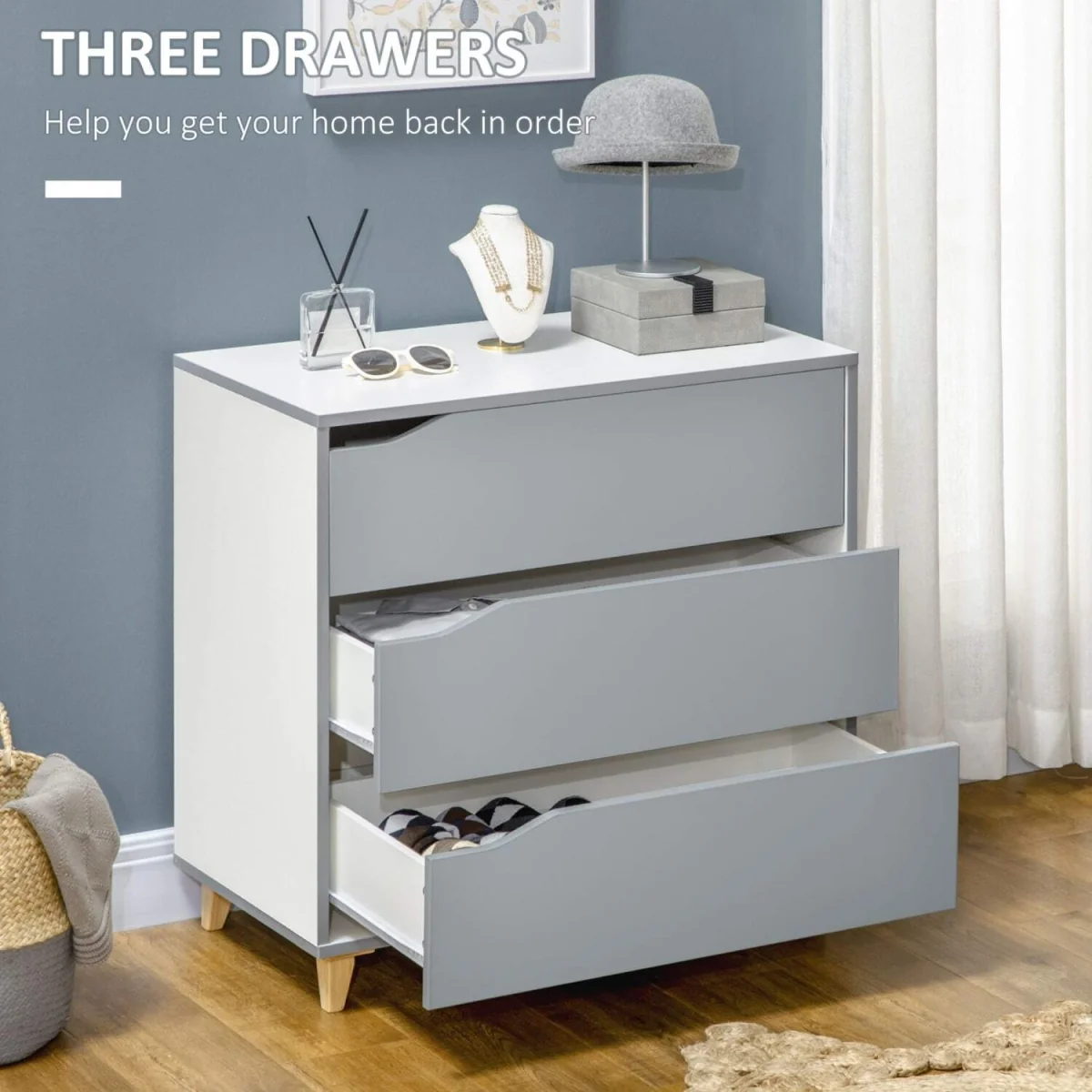 Demilia Grey and White 3-Piece Bedroom Furniture Set - Wardrobe, 3-Drawer Chest, Bedside Table – image 9