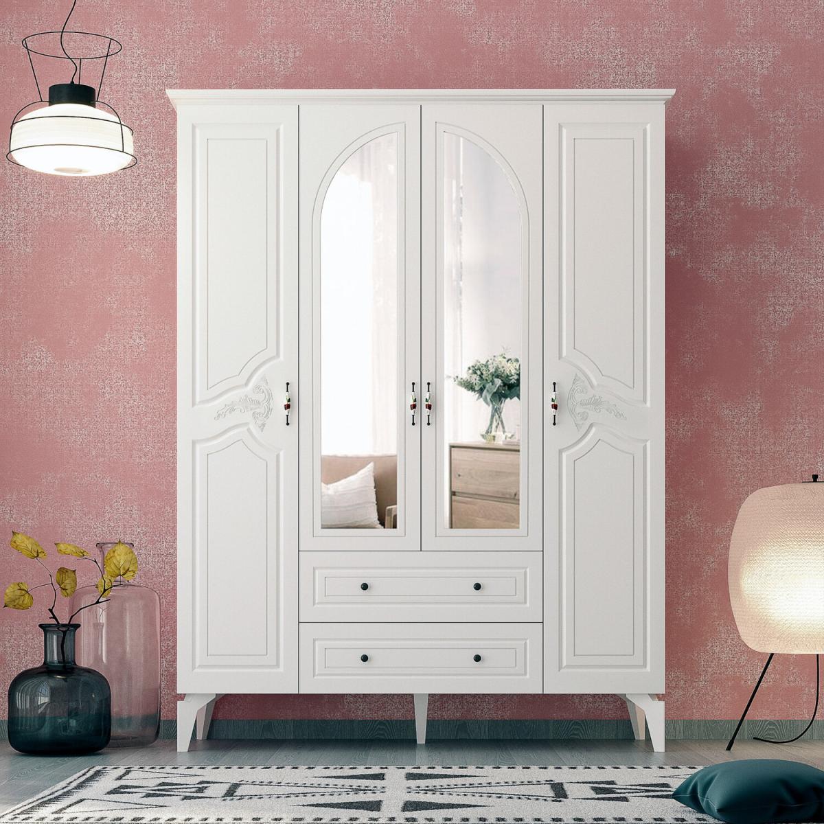 CLARA 4 Door 2 Drawers Wardrobe, White - White – image 2