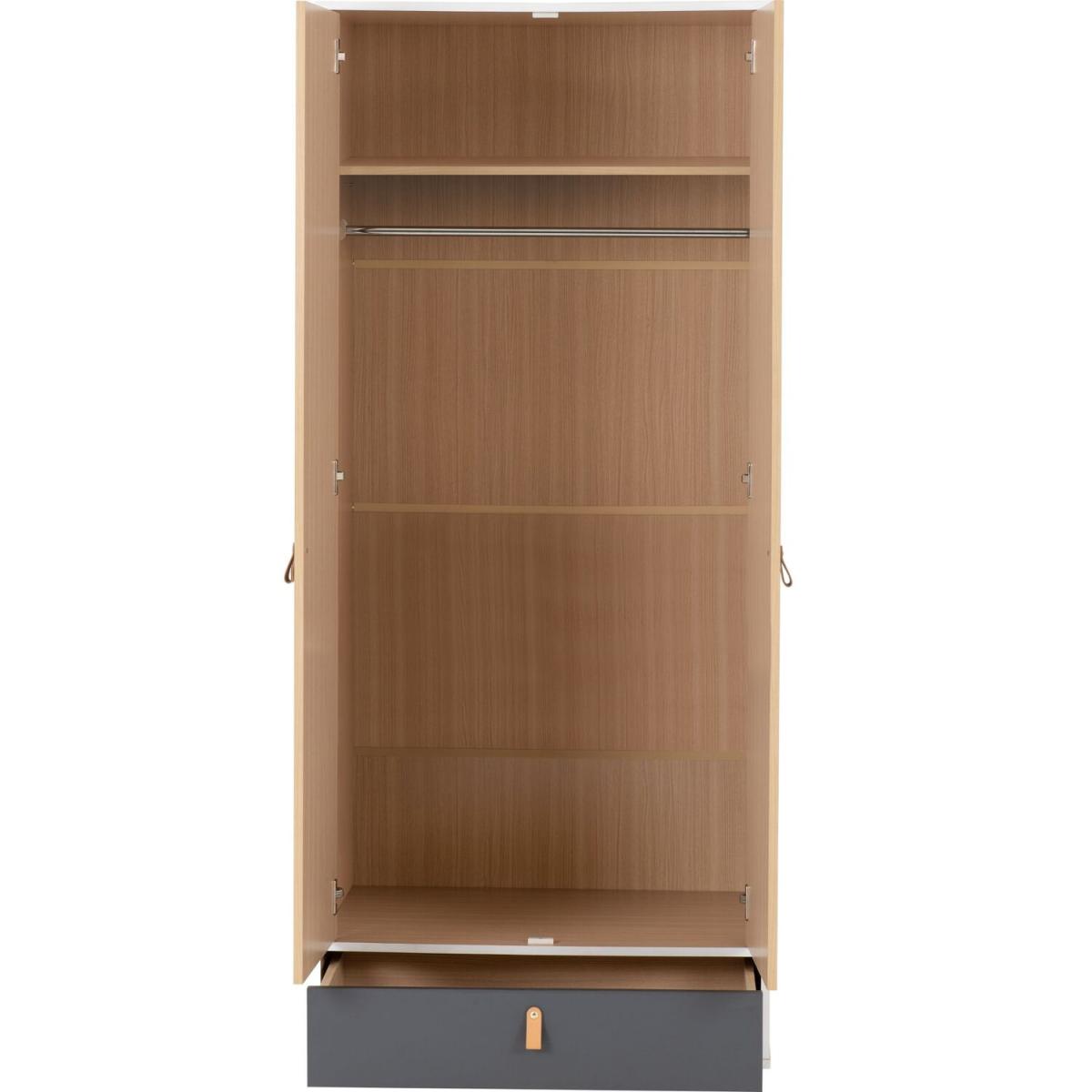 Brooklyn 2 Door 1 Drawer Wardrobe - White, Grey and Oak Effect – image 5