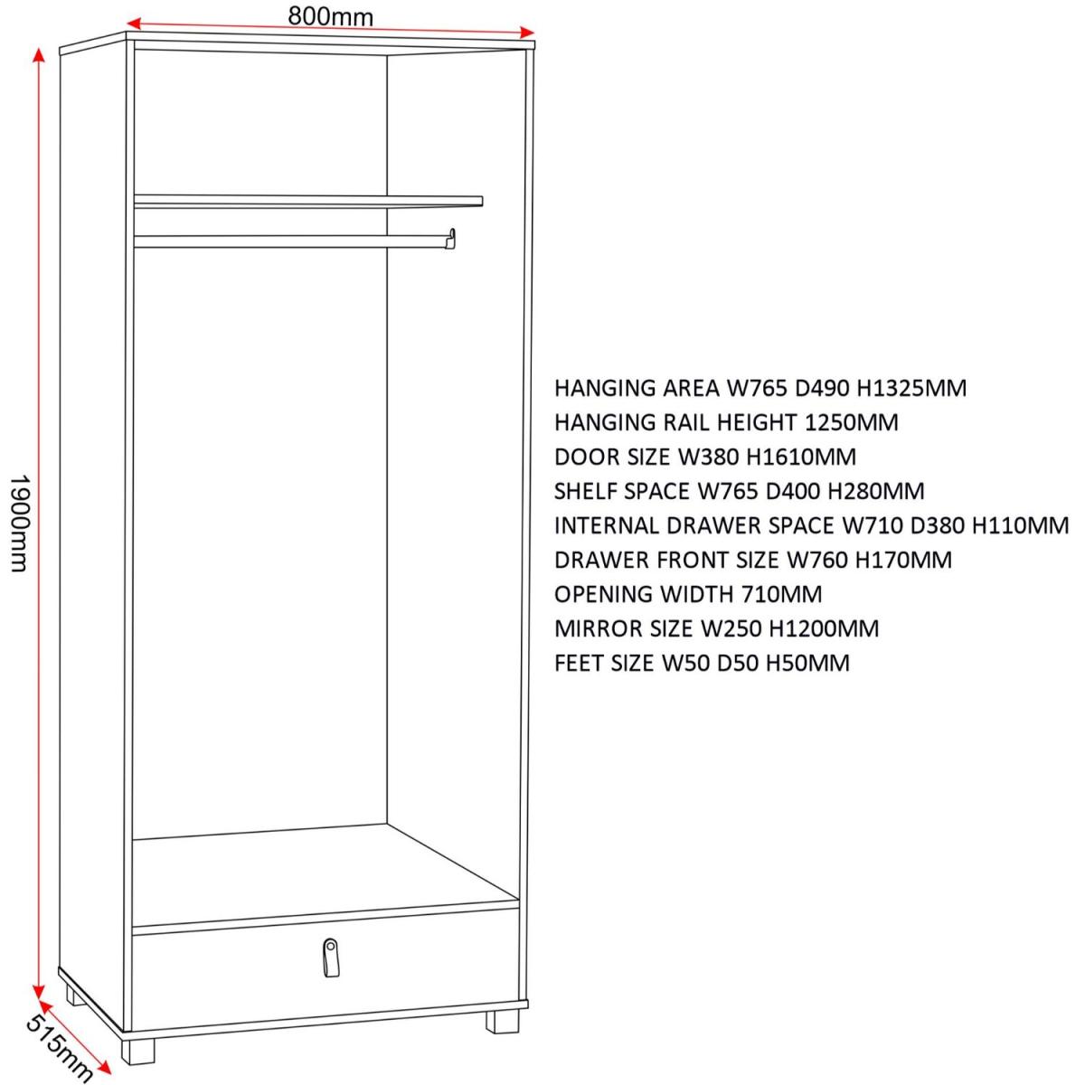 Brooklyn 2 Door 1 Drawer Wardrobe - White, Grey and Oak Effect – image 7