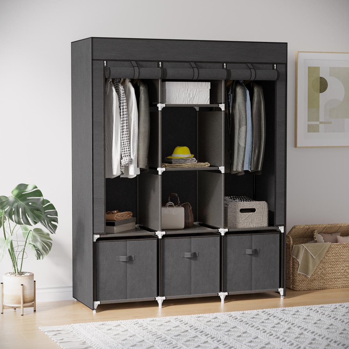 Fabric Wardrobe with Shelves Clothes Hanging Rails Fabric Drawers - Dark Grey – image 2