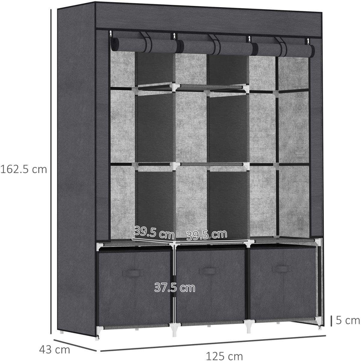 Fabric Wardrobe with Shelves Clothes Hanging Rails Fabric Drawers - Dark Grey – image 3