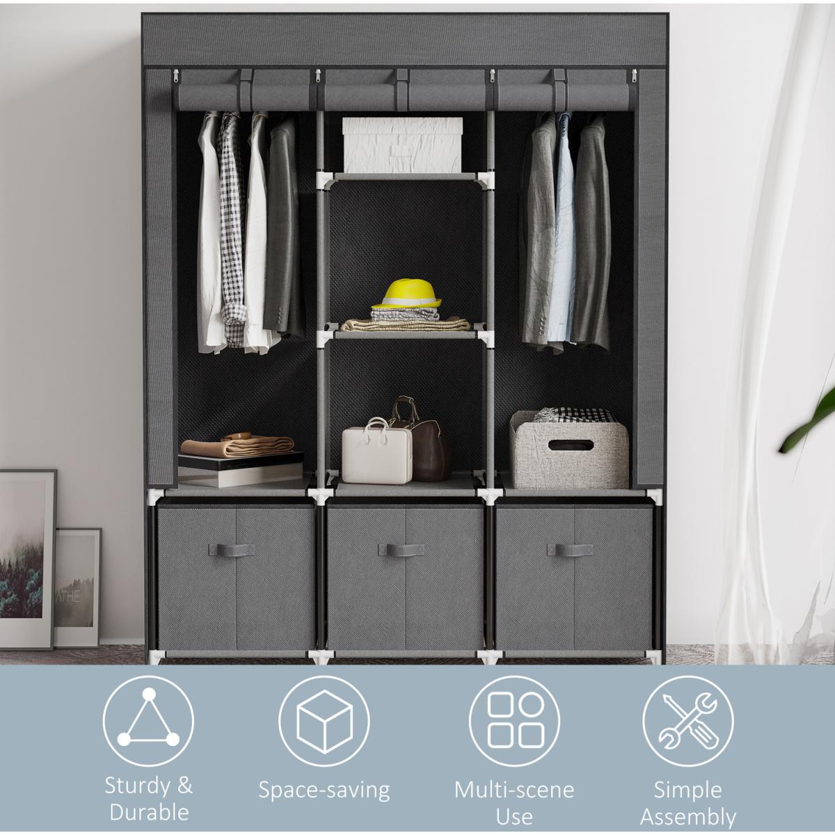 Fabric Wardrobe with Shelves Clothes Hanging Rails Fabric Drawers - Dark Grey – image 5