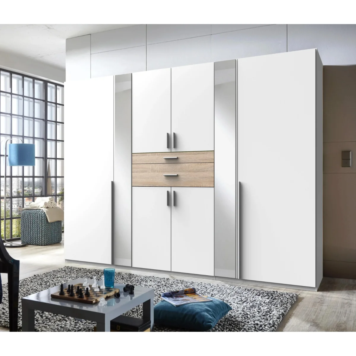 Odessa Matt White and Oak 6 Door 270cm Wardrobe with Mirror - White – image 2