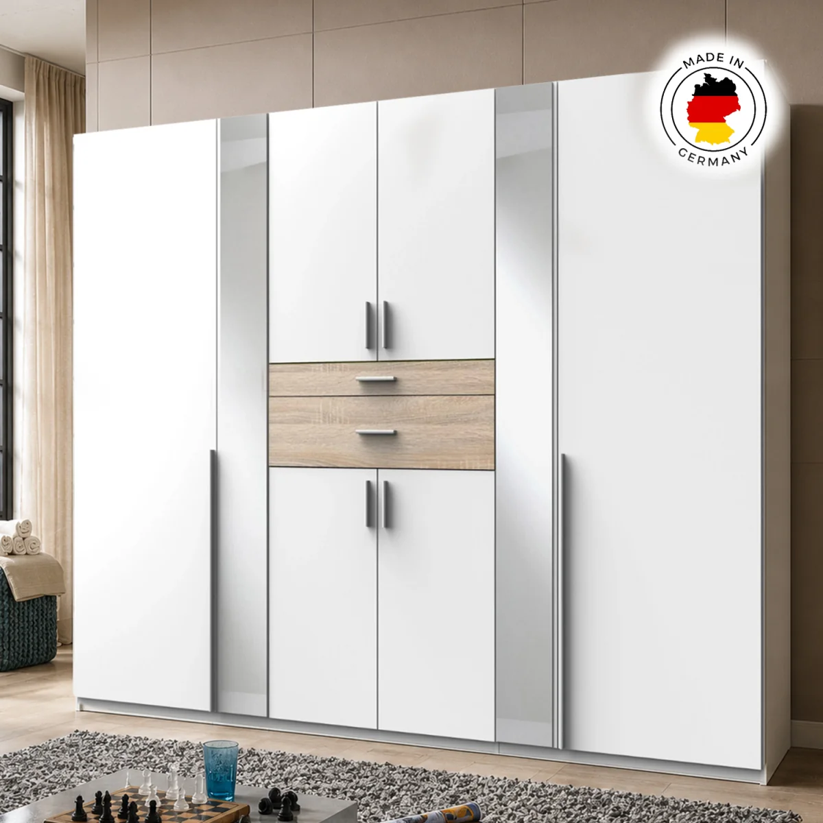 Odessa Matt White and Oak 6 Door 270cm Wardrobe with Mirror - White – image 4