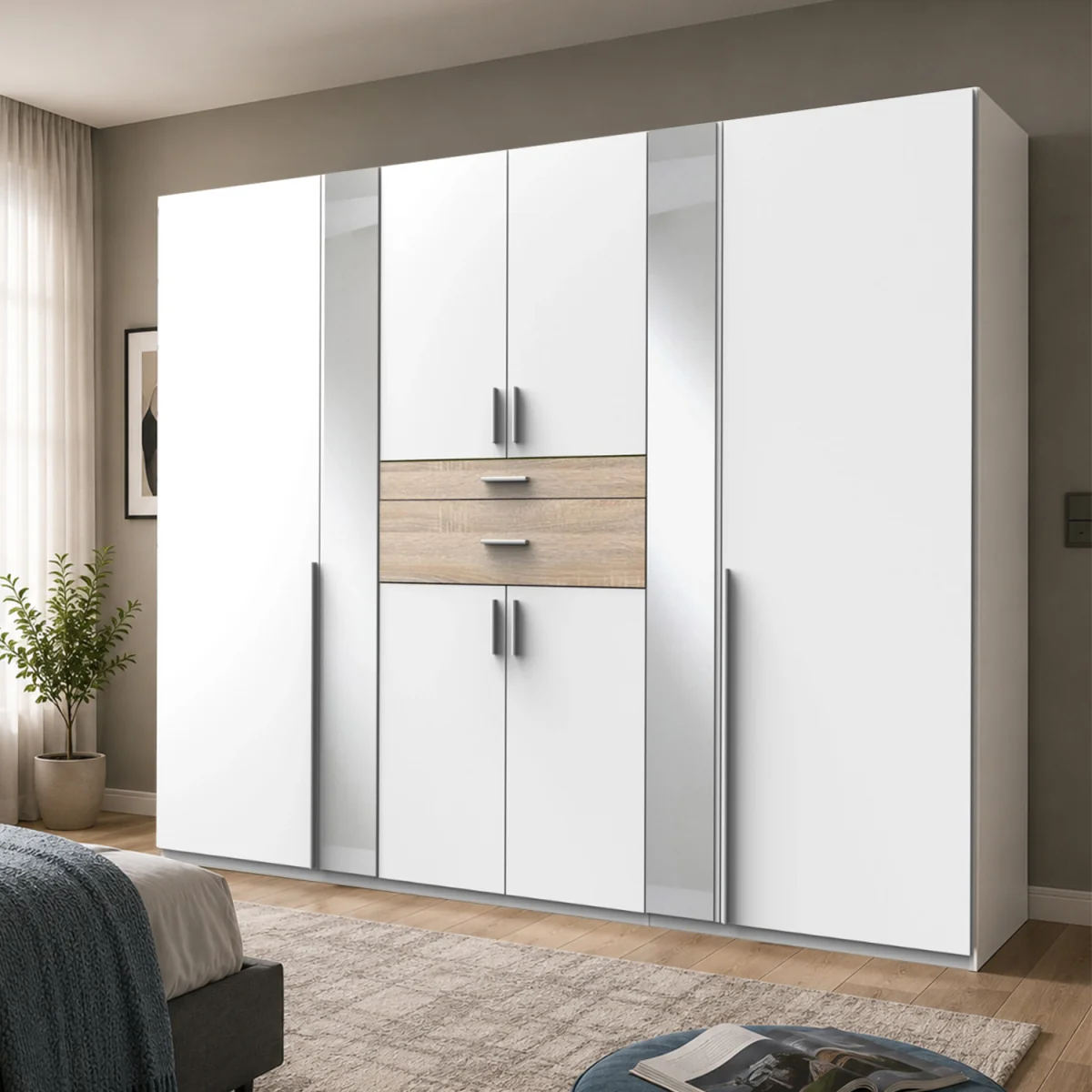 Odessa Matt White and Oak 6 Door 270cm Wardrobe with Mirror - White – image 1