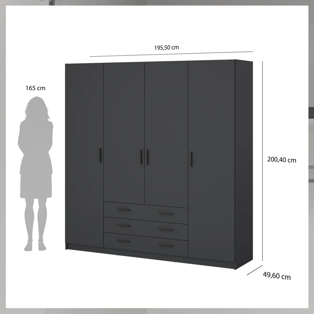 Sprint Wardrobe with 4 Doors + 3 Drawers in Matt Grey - Grey – image 8