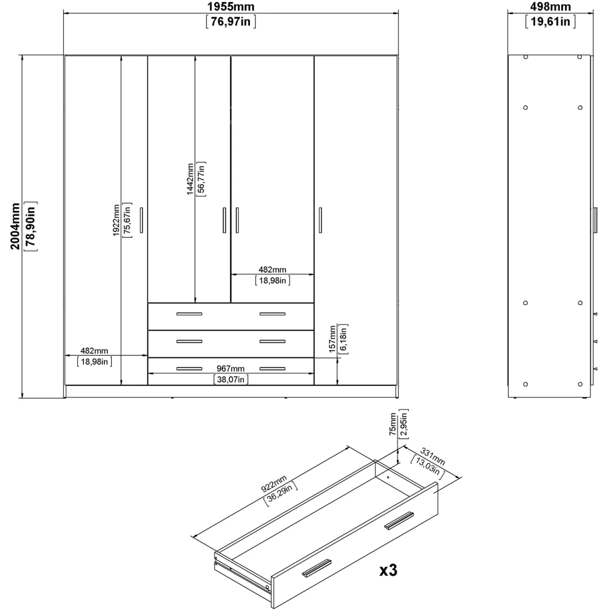 Sprint Wardrobe with 4 Doors + 3 Drawers in Matt Grey - Grey – image 9