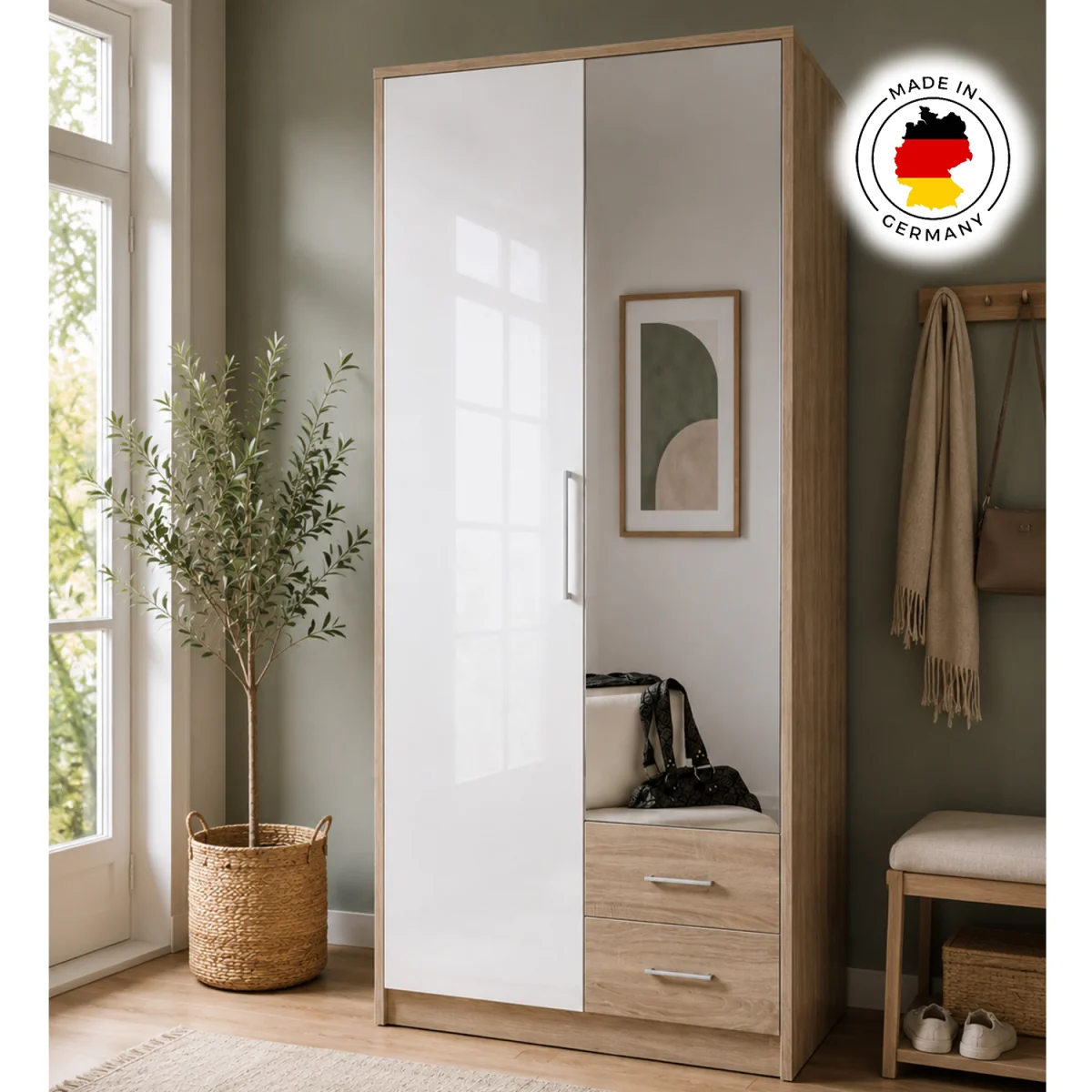 Gamma Oak and White 2 Door 90cm Wardrobe with 2 Drawers - Oak – image 3