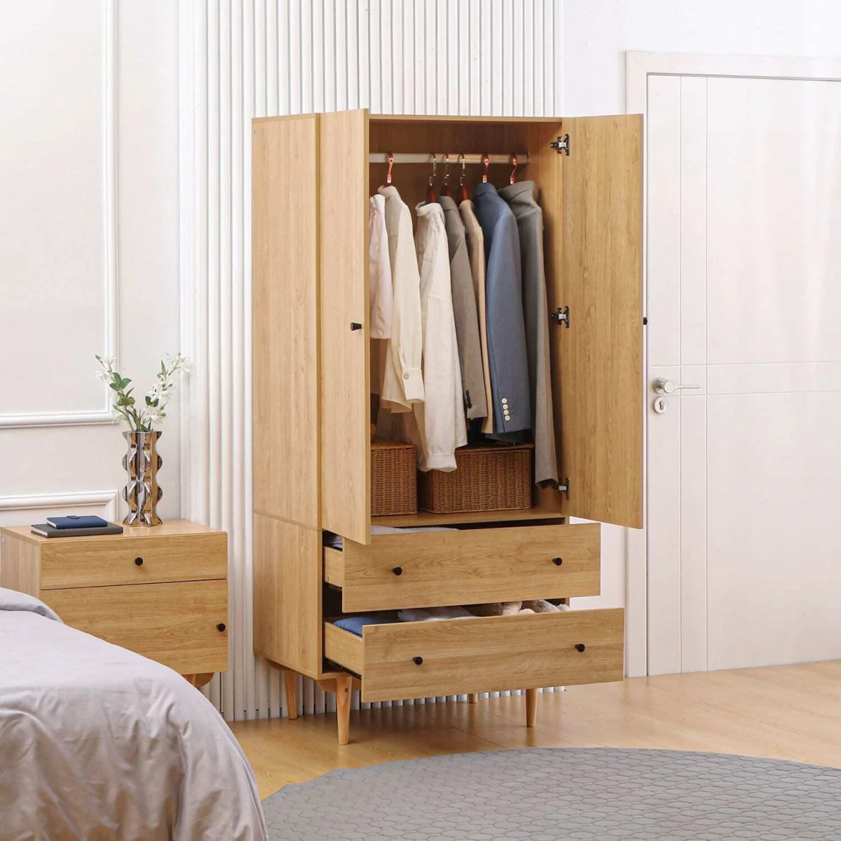 Coramar Natural Wood 2 Door Wardrobe with Hanging Rail and 2 Drawers – image 3