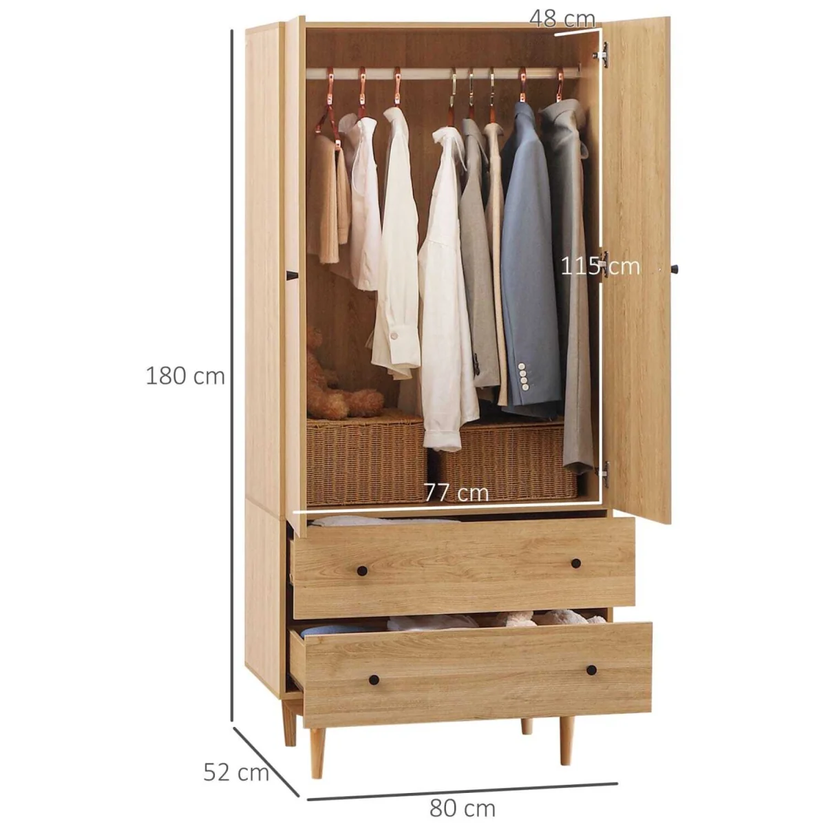 Coramar Natural Wood 2 Door Wardrobe with Hanging Rail and 2 Drawers – image 4