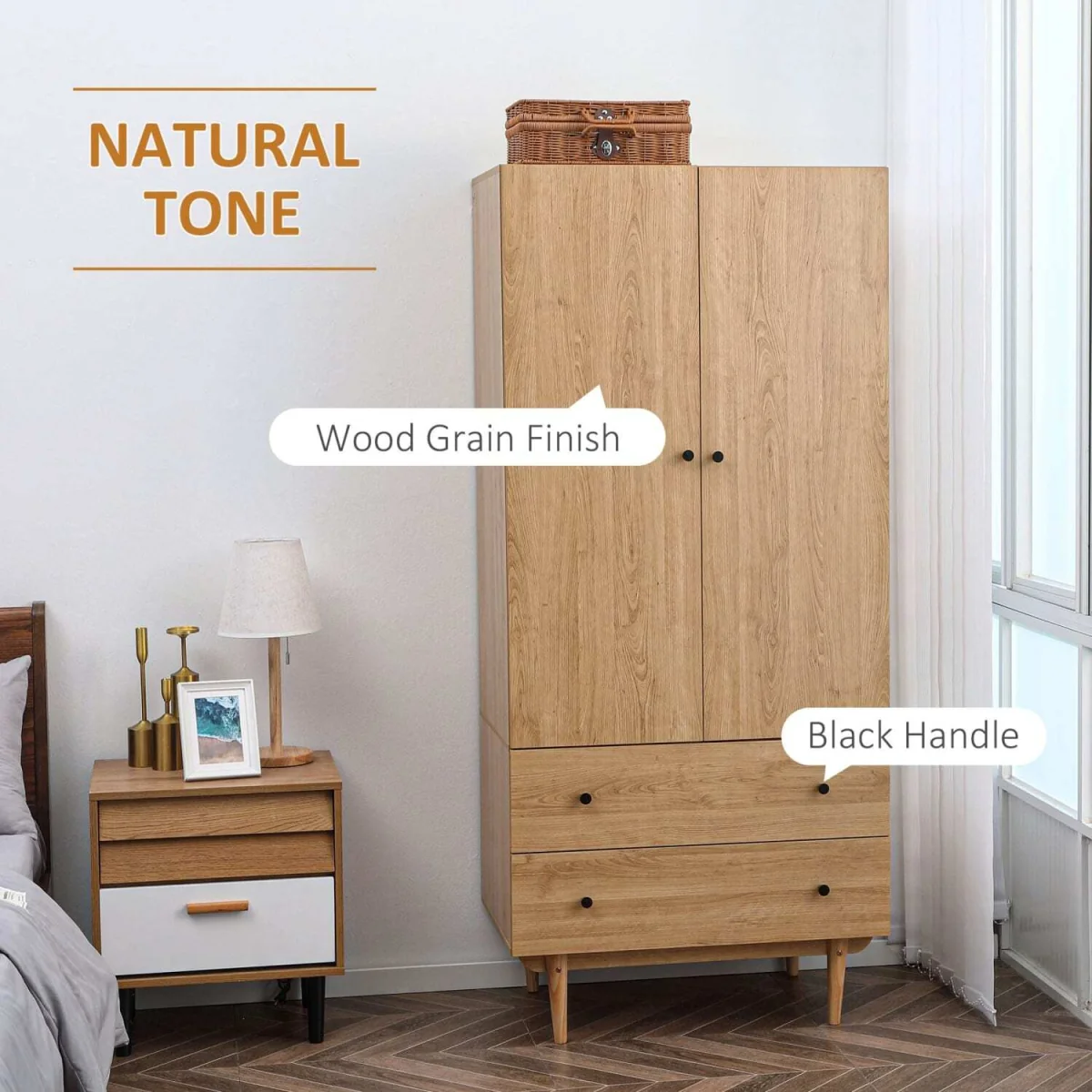 Coramar Natural Wood 2 Door Wardrobe with Hanging Rail and 2 Drawers – image 5