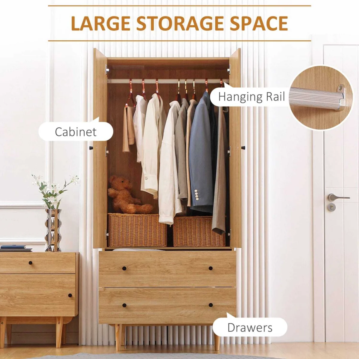 Coramar Natural Wood 2 Door Wardrobe with Hanging Rail and 2 Drawers – image 6