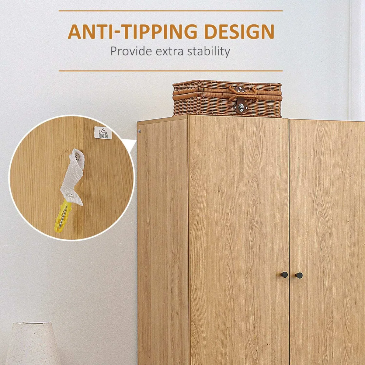 Coramar Natural Wood 2 Door Wardrobe with Hanging Rail and 2 Drawers – image 7