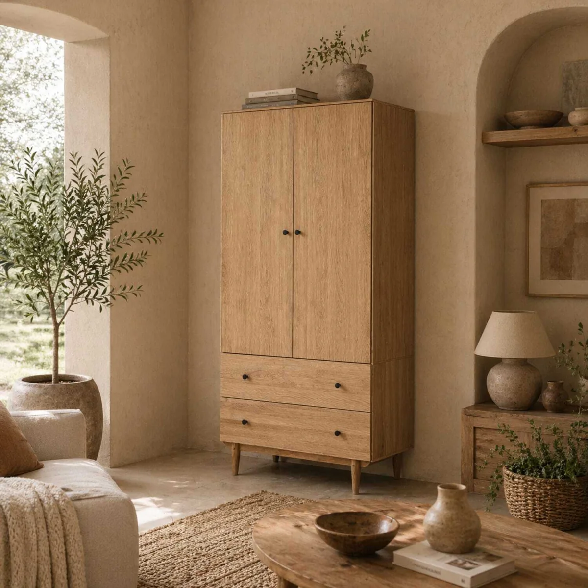 Coramar Natural Wood 2 Door Wardrobe with Hanging Rail and 2 Drawers – image 1