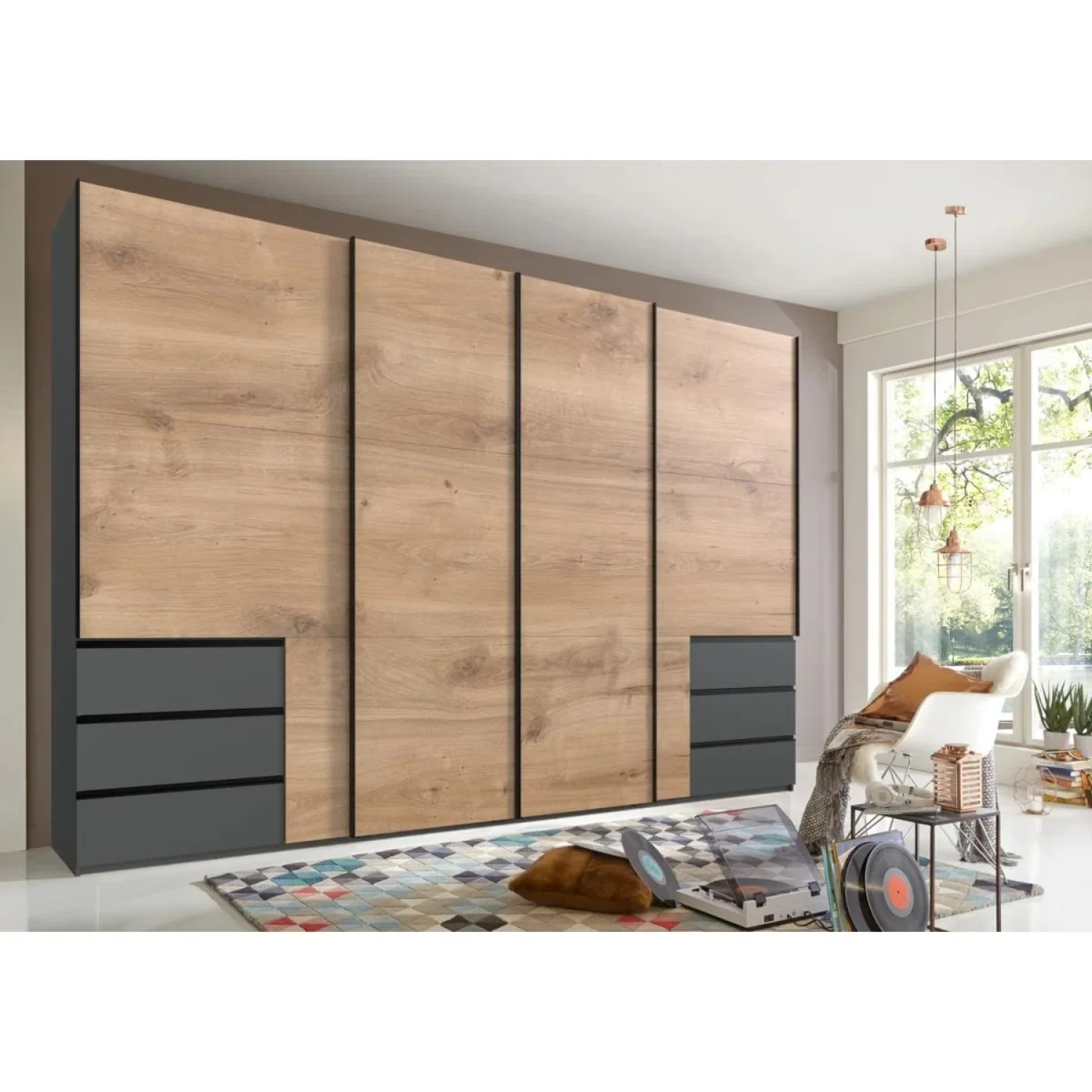 Guardino 350cm 4 Door Sliding Wardrobe in Planked Oak and Graphite - Oak – image 2