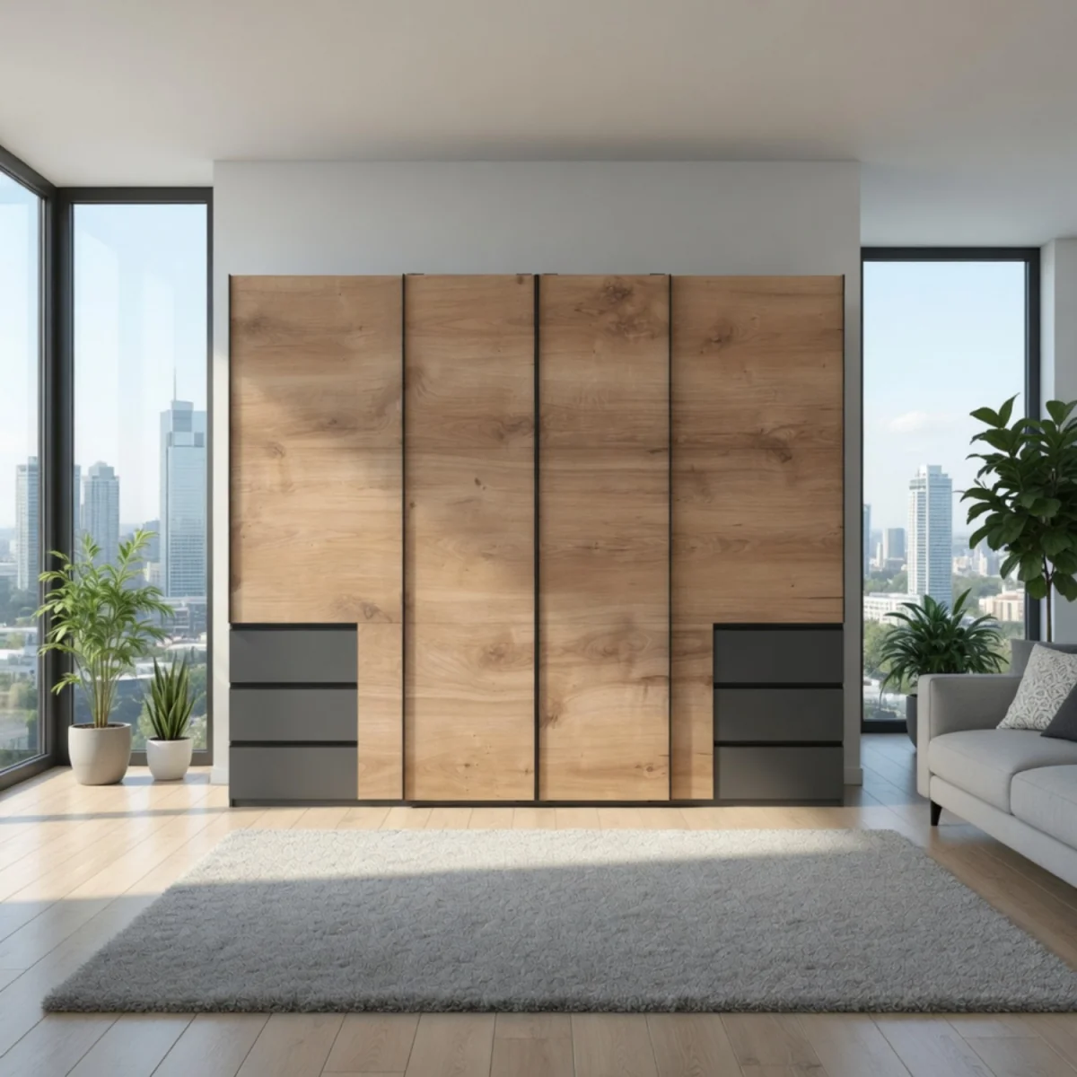 Guardino 350cm 4 Door Sliding Wardrobe in Planked Oak and Graphite - Oak – image 6