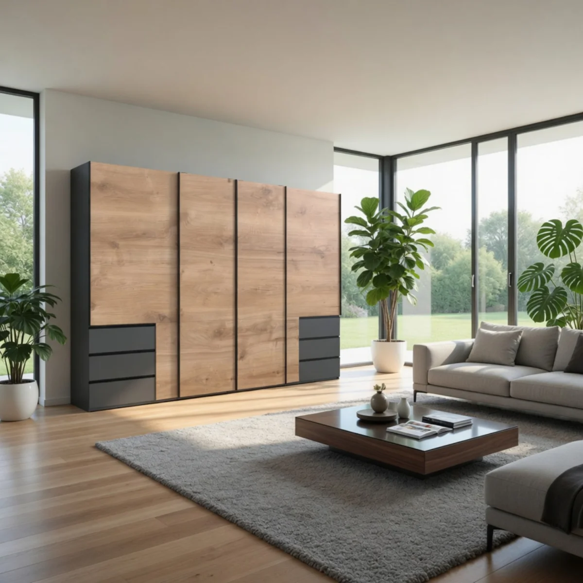 Guardino 350cm 4 Door Sliding Wardrobe in Planked Oak and Graphite - Oak – image 7