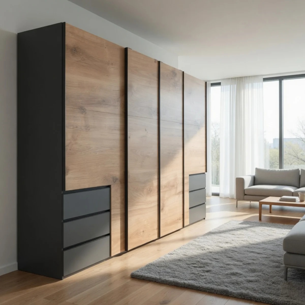 Guardino 350cm 4 Door Sliding Wardrobe in Planked Oak and Graphite - Oak – image 8