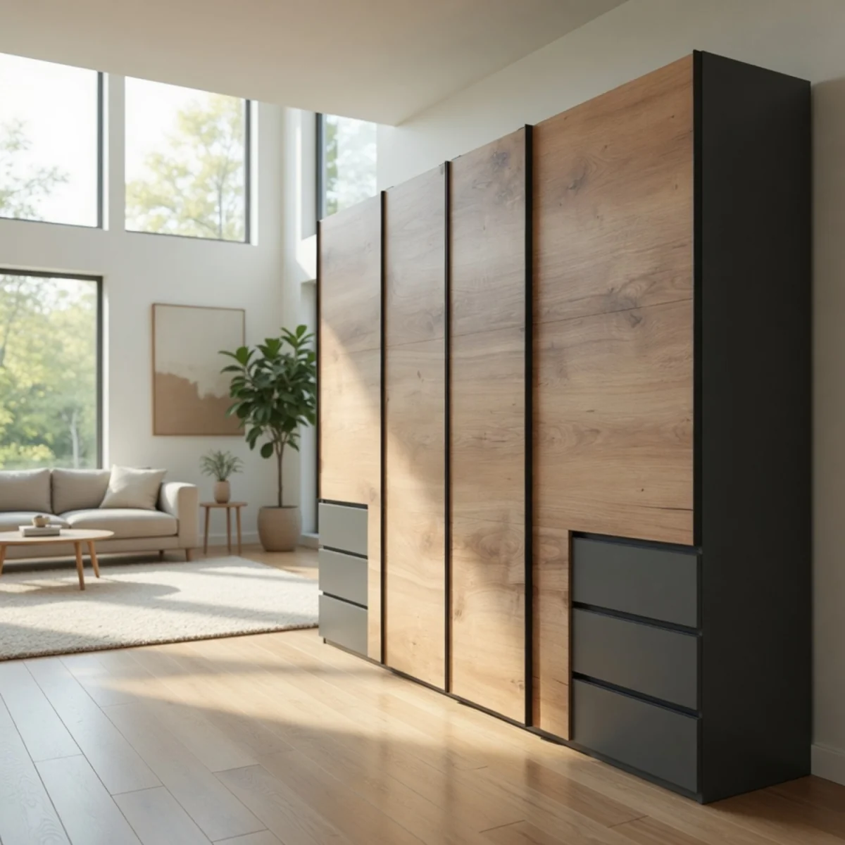 Guardino 350cm 4 Door Sliding Wardrobe in Planked Oak and Graphite - Oak – image 9